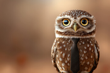 Obraz premium stylish owl wearing tailored suit and tie, showcasing unique and minimalistic design. This charming bird captures attention with its large, expressive eyes and sophisticated appearance