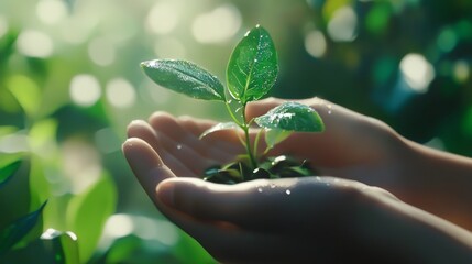 Hands gently cradling seedling, vibrant green nature