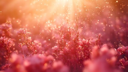 Ethereal meadow delicate pink wildflowers, golden hour sunlight,  dreamy atmosphere  glitter bokeh background. abstract glitter bokeh background. Fantasy colorful holiday sparkle