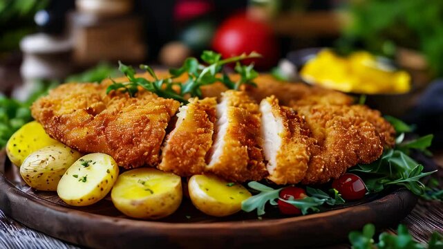 A golden-breaded German Wiener Schnitzel with crispy edges, served alongside potatoes on a rustic wooden table