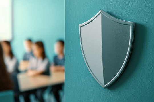 A shield symbol on a wall, representing safety and protection in an educational environment. Security Awareness Training Classroom with a shield.