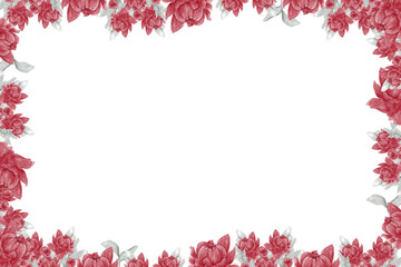 Rectangular Watercolor Horizontal Floral Frame with Red Peony Flowers, Lotus, Magnolia, Sage Leaves, Illustration for Print and Web Design