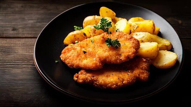 A golden-breaded German Wiener Schnitzel with crispy edges, served alongside potatoes on a rustic wooden table