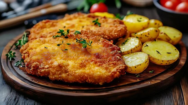 A golden-breaded German Wiener Schnitzel with crispy edges, served alongside potatoes on a rustic wooden table