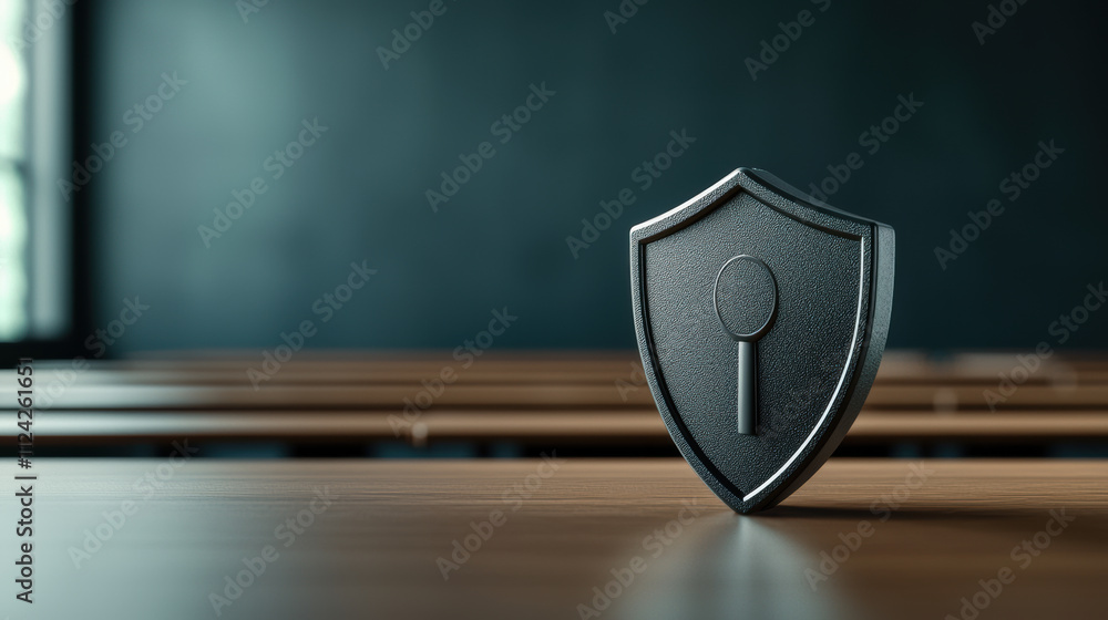 Poster a sleek black shield symbolizing security and protection in a modern workspace setting. security awa