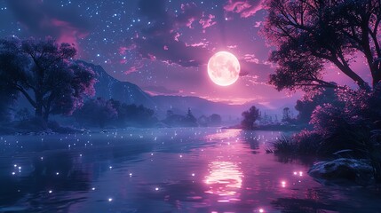Fototapeta premium A mystical forest bathed in moonlight against a vibrant sunset gradient background, shifting from pink to deep purples, imbuing the scenery.