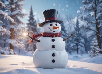 Fototapeta premium A snowman in a winter wonderland scene with snowflakes, magical, snowy