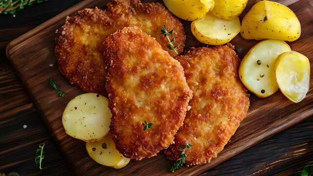 A golden-breaded German Wiener Schnitzel with crispy edges, served alongside potatoes on a rustic wooden table