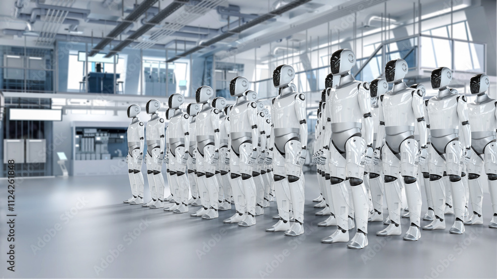 Poster humanoid robot assembly or group of cyborgs in factory
