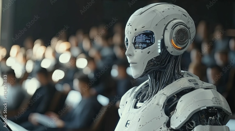 Poster advanced robot addresses a large audience