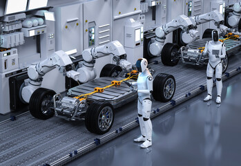 Robot assembly line manufacture ev car controlled by humanoid cyborg