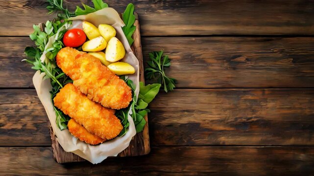 A golden-breaded German Wiener Schnitzel with crispy edges, served alongside potatoes on a rustic wooden table