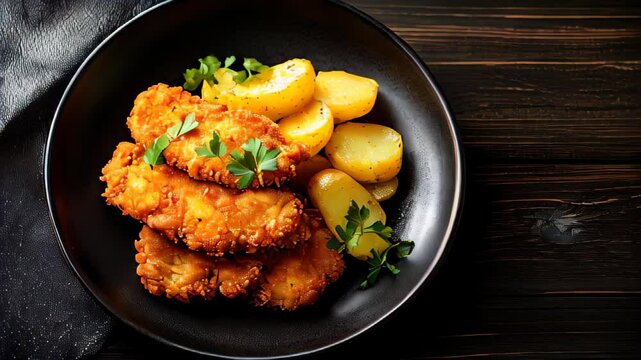 A golden-breaded German Wiener Schnitzel with crispy edges, served alongside potatoes on a rustic wooden table