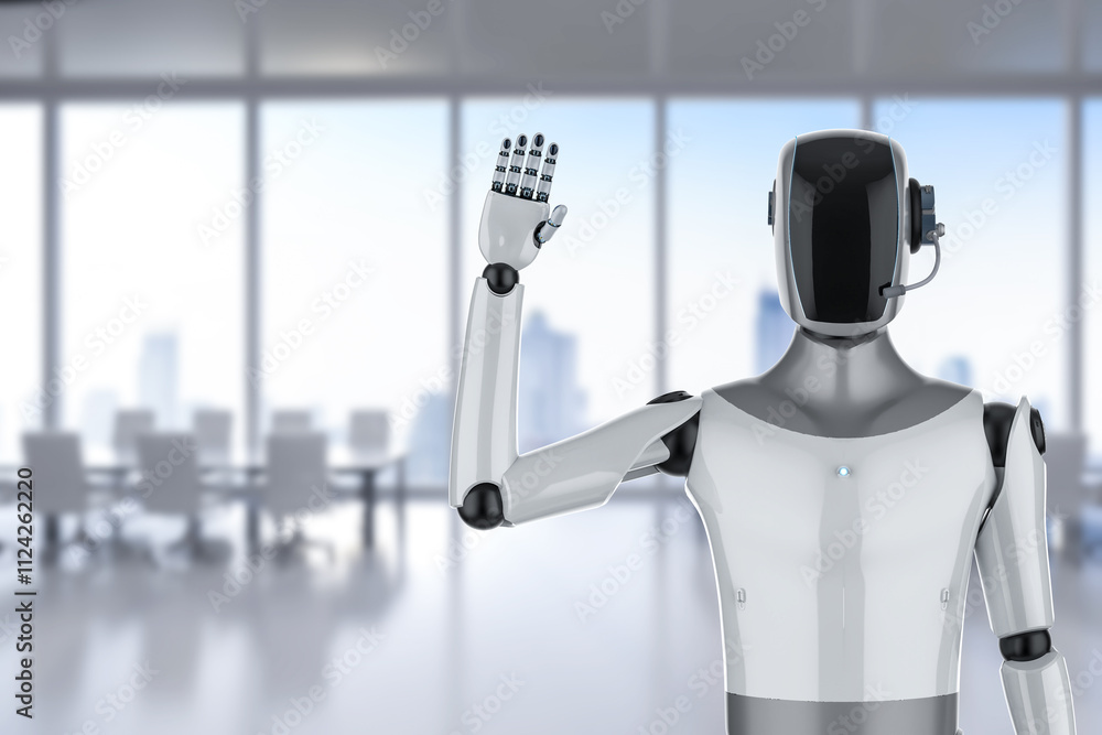 Poster automation worker concept with ai assistant robot hand up in smart office
