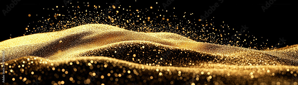 Poster flowing array of golden particles creates mesmerizing effect, resembling shimmering waves of sand. r
