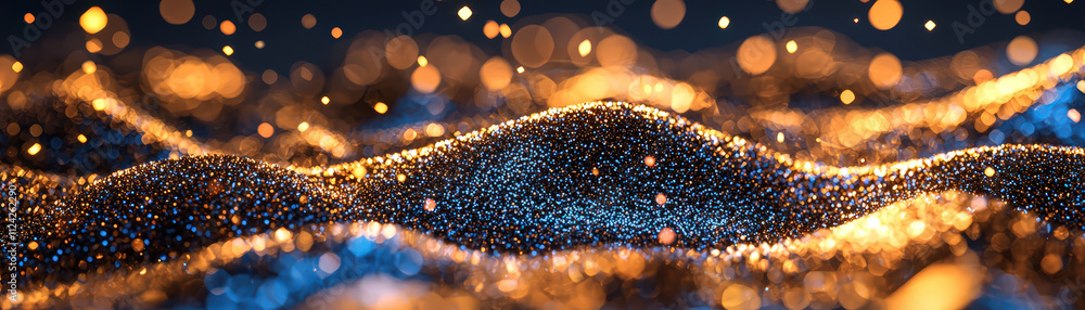 Poster mesmerizing array of shimmering particles creates dynamic wave like effect, showcasing vibrant color