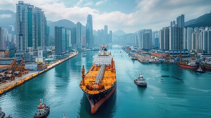 Fototapeta premium A massive ship in a high-tech shipyard, surrounded by modern skyscrapers, clear blue skies, mountains, and the ocean.