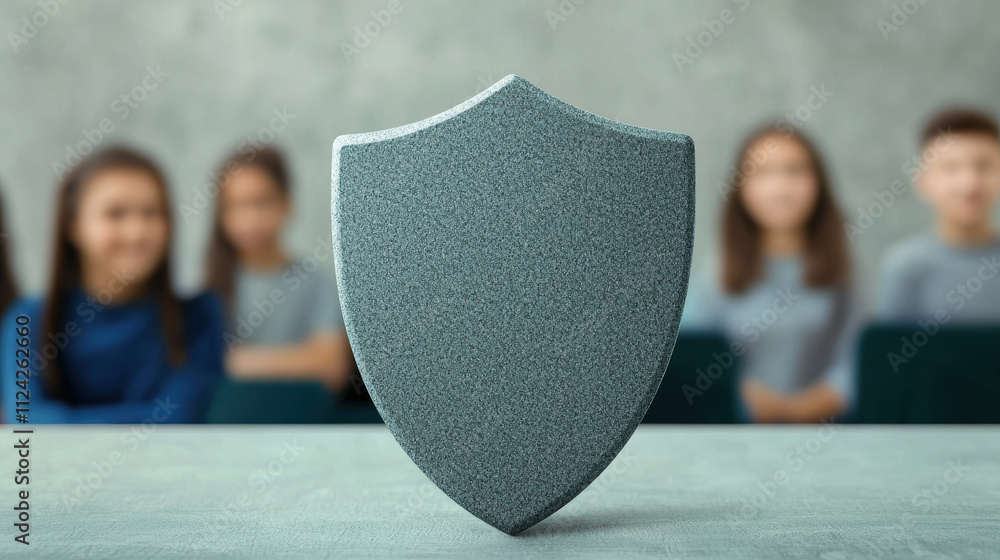 Poster a symbolic shield representing protection and security, focusing on youth in the background. securit