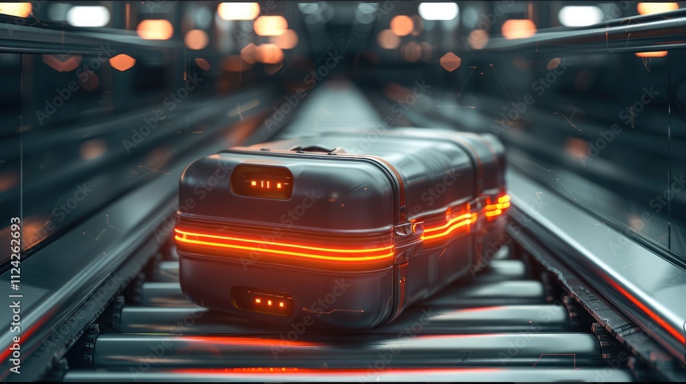 Poster A smart suitcase with interactive lights being scanned on a conveyor belt in a futuristic airport environment.