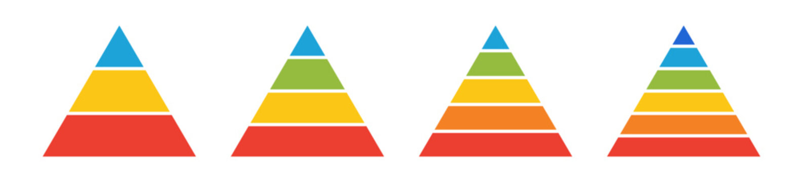 Levels of triangular pyramid. Half triangle pyramid chart. Maslow layer diagram. Development level infographic. Business graph. Vector illustration isolated on white background.