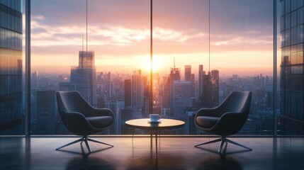 Sunrise cityscape view from modern office with two armchairs and coffee table.
