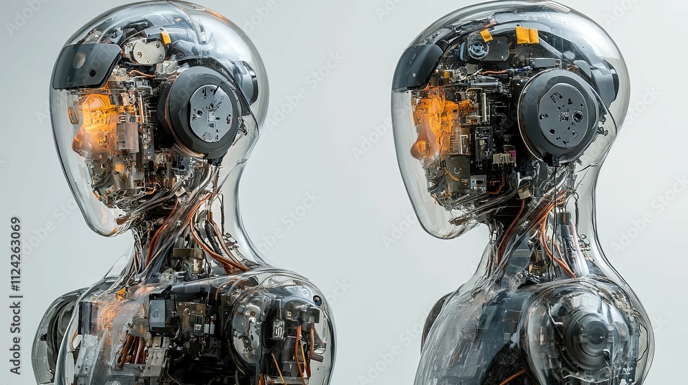 Poster transparent robotic figures displaying internal mechanisms
