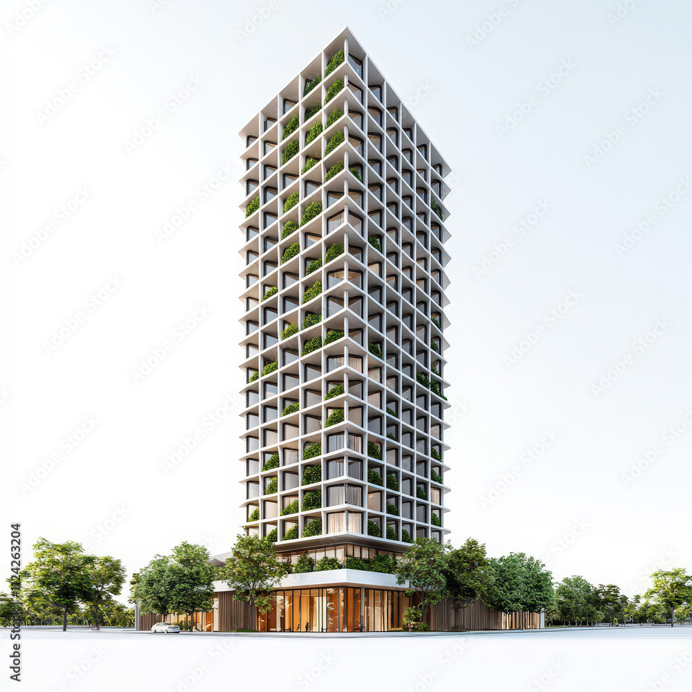 Poster modern skyscraper featuring angular design and greenery