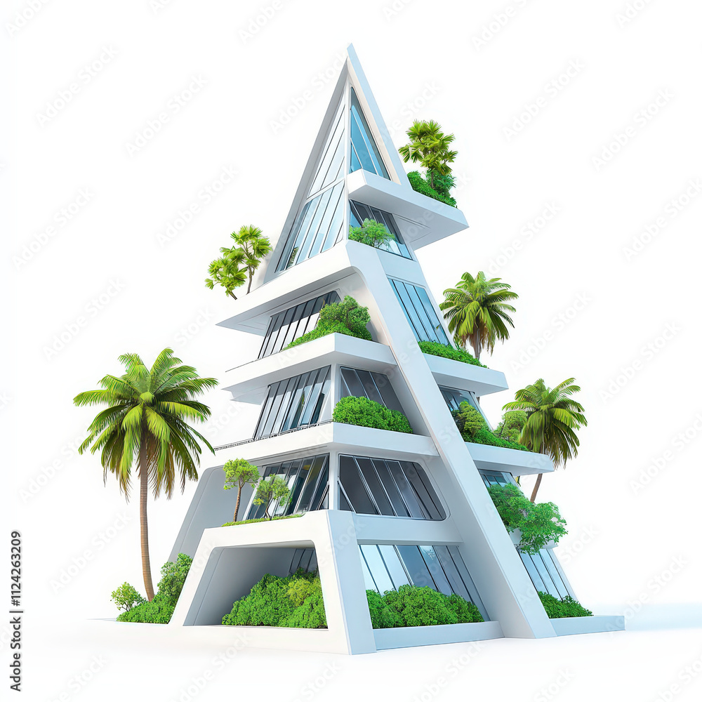 Poster modern skyscraper featuring angular design and lush greenery, surrounded by palm trees, creating min