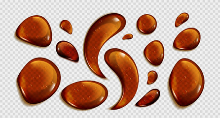 Amber colored oil drops with varied irregular shapes and sizes on transparent background. Realistic 3d vector illustration set of brown droplets of natural serum, skincare product or liquid syrup.