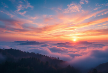 A breathtaking aerial view of a mountainous landscape shrouded in fog at sunset