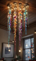 Colorful glass icicle ornaments hanging from the ceiling of a Christmas room , colorful ornaments, ceiling decorations, icicle lights