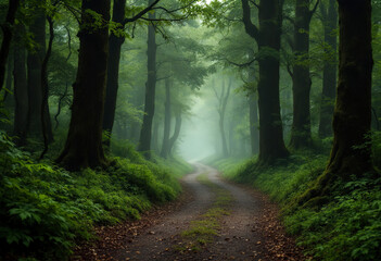 Fototapeta premium A misty forest path winding through a dense, lush green forest with tall trees and thick foliage, creating an atmospheric and mysterious scene