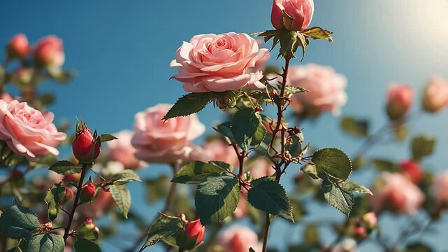blue rose blooming border garden bush spring soft sunlight 4k focus sky selective beautiful white flowering