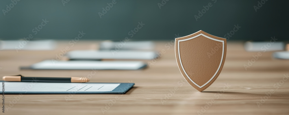 Poster a wooden table with documents and a protective shield symbolizing security and safety in business. s
