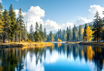 A scenic landscape with a lake surrounded by tall pine trees reflecting in the calm water