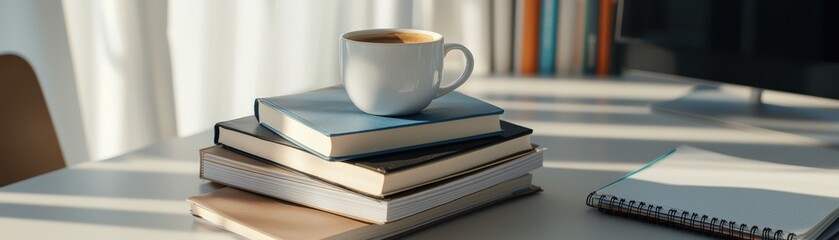 A stack of textbooks, a notebook, and a cup of coffee on a study table.