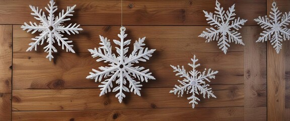 Decorative snowflake ornaments on a wooden wall, ornaments,