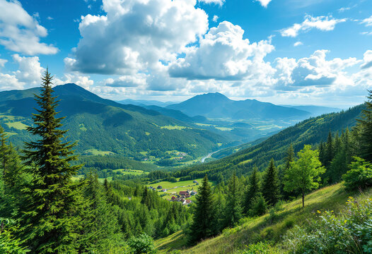 A scenic view of a mountainous landscape with lush green forests and rolling hills under a blue sky with fluffy white clouds