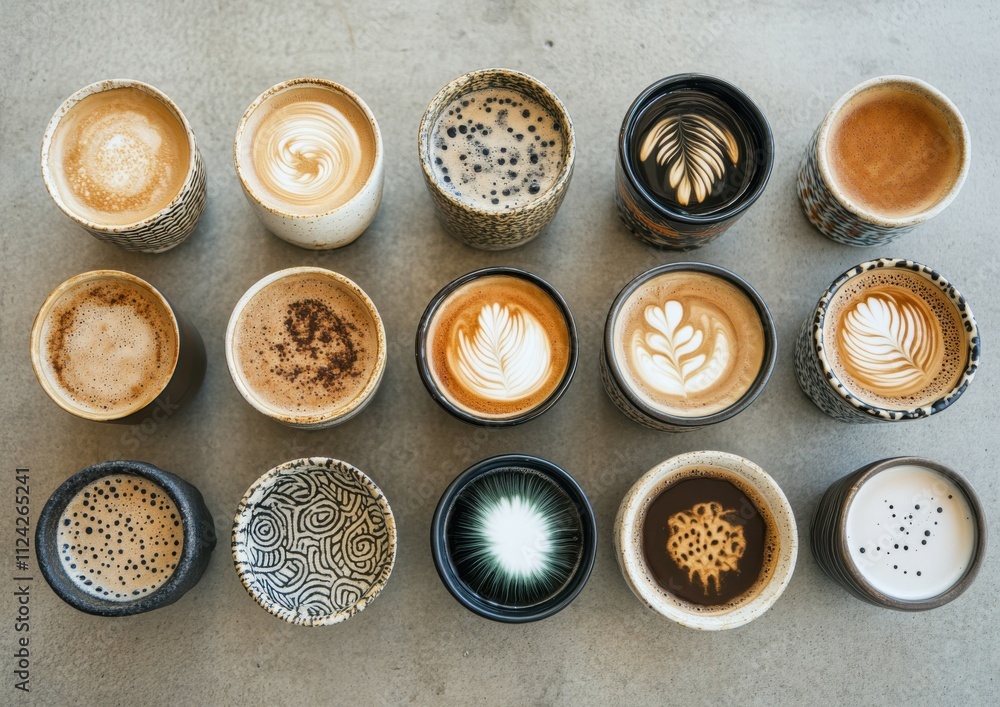 Poster A Beautiful Array of Artisan Coffee in Decorated Cups Showcasing Unique Cream Patterns and Textures on a Stylish Concrete Surface