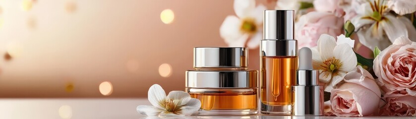 A set of luxurious skincare serums displayed with fresh flowers and diffused light.