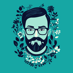 Stylish Portrait of a Bearded Man Surrounded by Floral Ornament. Vector Illustration. Minimalist Illustration Vector.