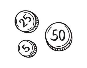 5, 25 and 50 coins money doodle hand drawn icon. Outline drawing 5, 25 and 50 coins line clipart symbol