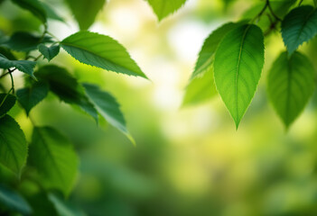 Green leaves with a blurred background, showcasing the vibrant and lush foliage