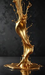 Fluid metallic liquid with golden particles suspended in a dark background, iridescent, reflective surface