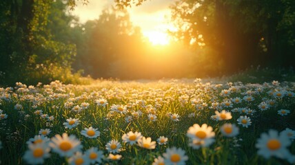 Fototapeta premium A serene field of daisies bathed in warm sunlight, creating a picturesque and tranquil natural scene at sunset.