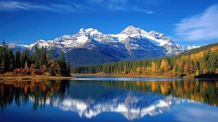 Fototapeta premium A serene mountain landscape featuring snow-capped peaks, lush forests, and a reflective lake under a clear blue sky.