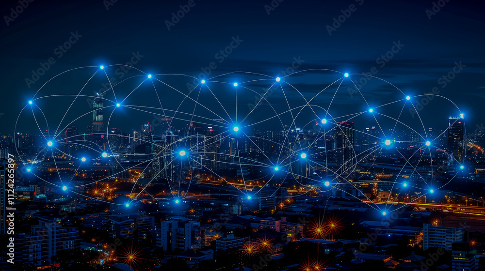Poster connected smart city network with glowing digital nodes..