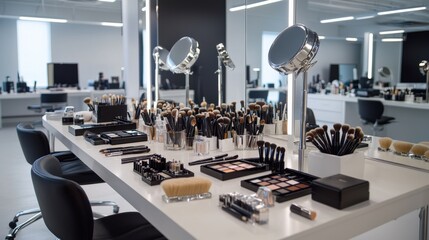 A modern makeup studio with organized brushes, mirrors, and lighting.