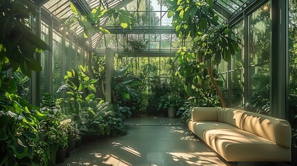 Fototapeta premium A glass pavilion with a lot of greenery indoor with a vibe.