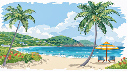Illustrated Tropical Beach with Palms and Umbrella..
